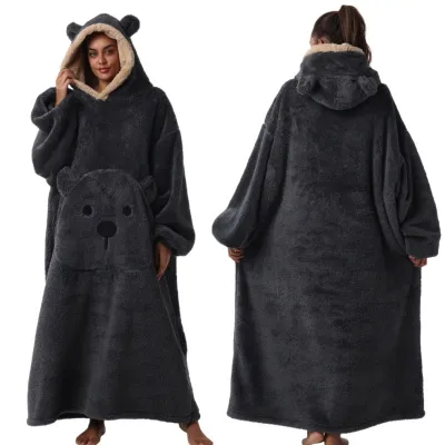 Women Fashion Cute Bear Autumn Winter Solid Color Long Sleeve With Hat Thickened Pajamas