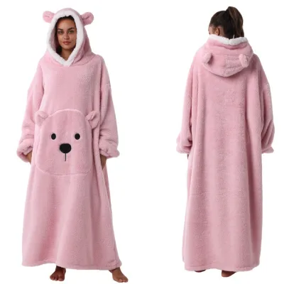 Women Fashion Cute Bear Autumn Winter Solid Color Long Sleeve With Hat Thickened Pajamas