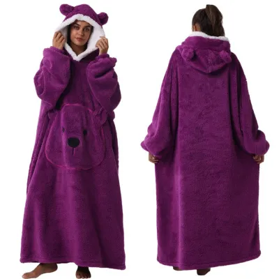 Women Fashion Cute Bear Autumn Winter Solid Color Long Sleeve With Hat Thickened Pajamas