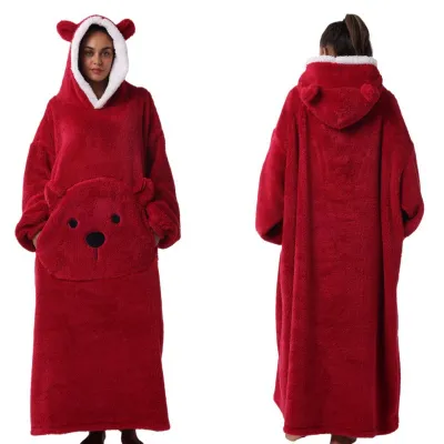 Women Fashion Cute Bear Autumn Winter Solid Color Long Sleeve With Hat Thickened Pajamas