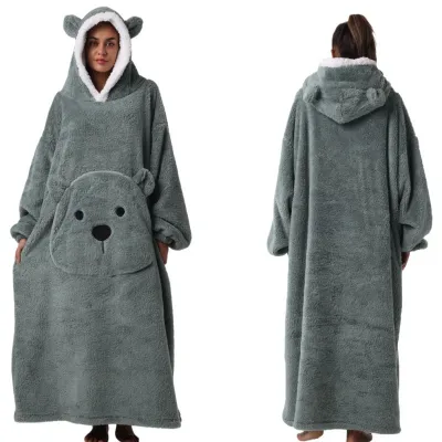 Women Fashion Cute Bear Autumn Winter Solid Color Long Sleeve With Hat Thickened Pajamas
