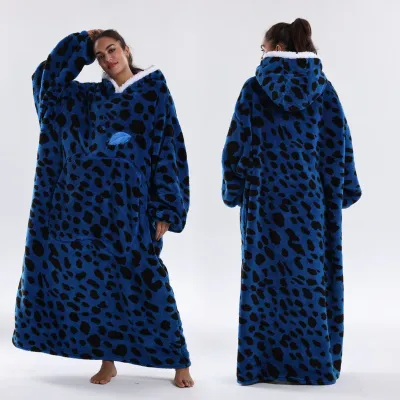 Women Fashion Casual Autumn Winter Leopard Apple Double-Sided Cotton Fleece Long-Sleeve With Hat Nightgown