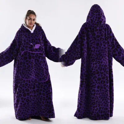 Women Fashion Casual Autumn Winter Leopard Apple Double-Sided Cotton Fleece Long-Sleeve With Hat Nightgown