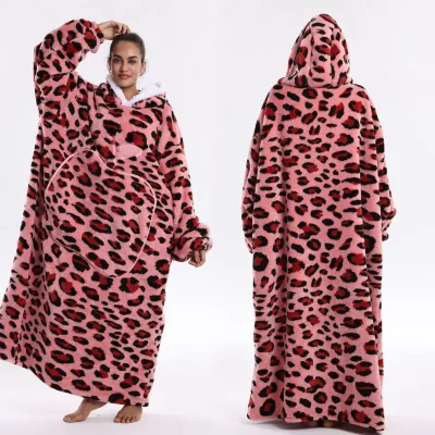 Women Fashion Casual Autumn Winter Leopard Apple Double-Sided Cotton Fleece Long-Sleeve With Hat Nightgown