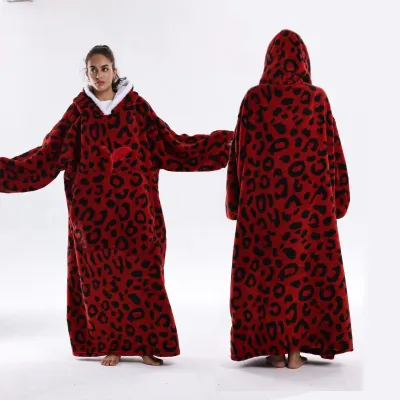 Women Fashion Casual Autumn Winter Leopard Apple Double-Sided Cotton Fleece Long-Sleeve With Hat Nightgown