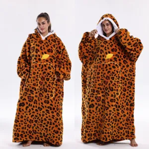 Women Fashion Casual Autumn Winter Leopard Apple Double-Sided Cotton Fleece Long-Sleeve With Hat Nightgown