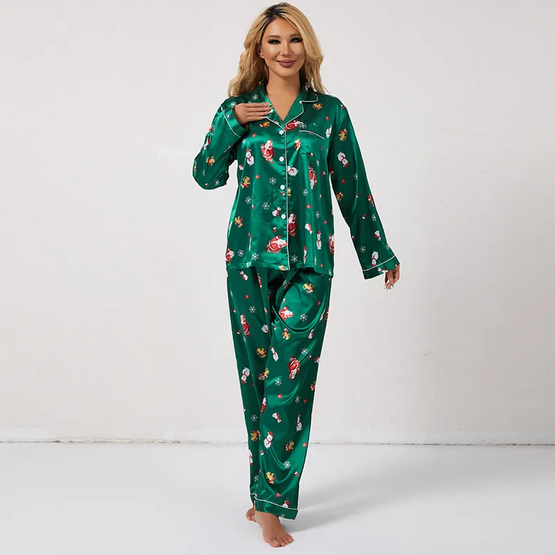 Christmas Women'S Fashion Casual Autumn And Winter Printed Imitation Silk Long Sleeve Cardigan Loose Pants Pajamas Two-Piece Set