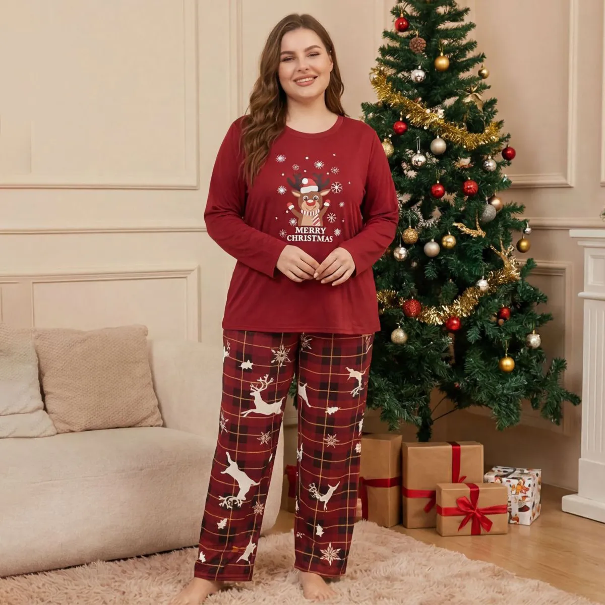 Women Fashion Casual Plus Size Christmas Spring And Autumn Elk Print Long-Sleeve T-Shirt Loose Pants Pajamas Two-Piece Set