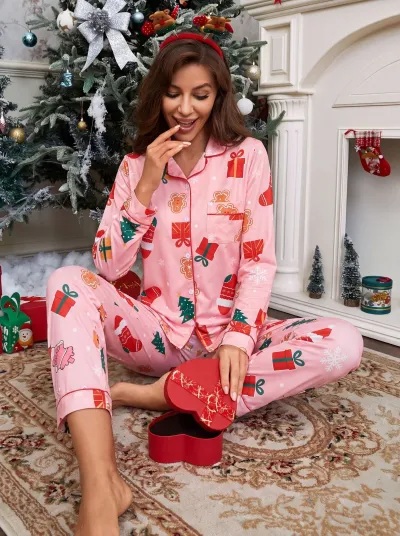 Christmas Women Fashion Printed Lapel Long Sleeve Cardigan Loose Pants Pajamas Two-Piece Set