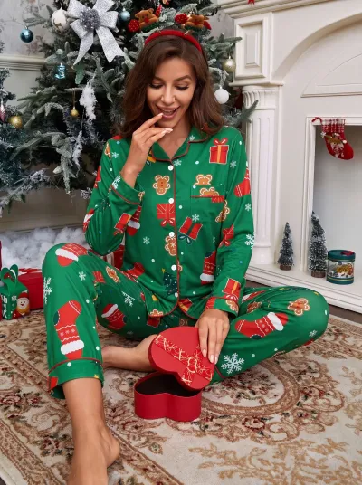 Christmas Women Fashion Printed Lapel Long Sleeve Cardigan Loose Pants Pajamas Two-Piece Set