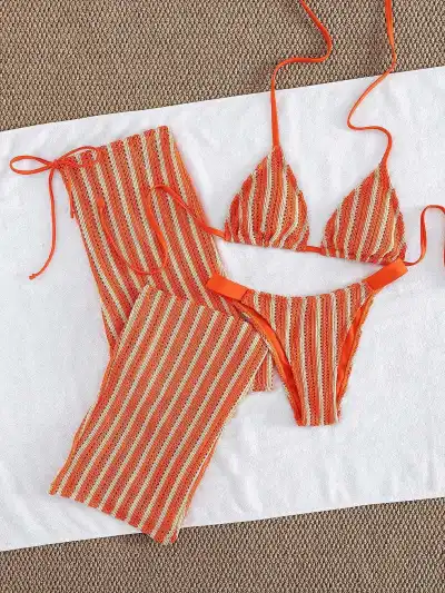 Women Fashion Sexy Stripe Halter-Neck Bikini Swimsuit Pants Three-Piece Set