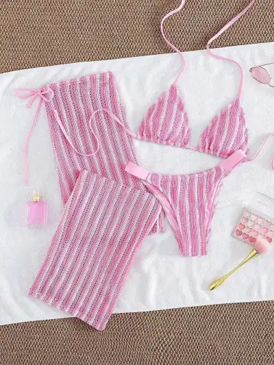 Women Fashion Sexy Stripe Halter-Neck Bikini Swimsuit Pants Three-Piece Set