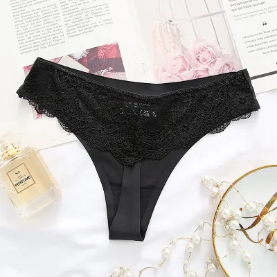 Women Fashion Sexy Solid Color Lace Ice Silk Low-Waist Thong