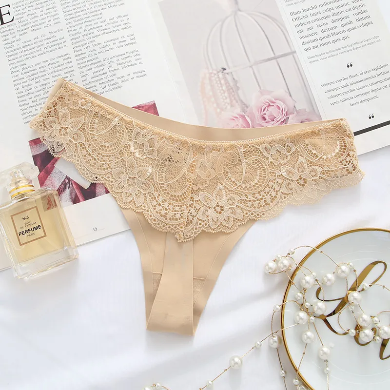 Women Fashion Sexy Solid Color Lace Ice Silk Low-Waist Thong