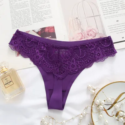 Women Fashion Sexy Solid Color Lace Ice Silk Low-Waist Thong