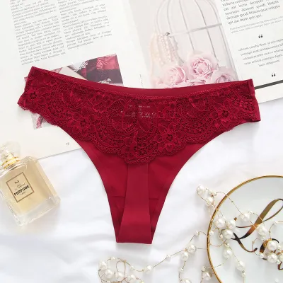 Women Fashion Sexy Solid Color Lace Ice Silk Low-Waist Thong