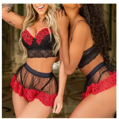 Women Fashion Love Lace Perspective Hollow Push-Up Bra Skirt Sexy Lingerie Two-Piece Set