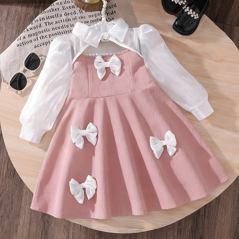 Kids Girl'S Fashion Elegant Spring Bow Mesh Long Sleeve Stitching Dress