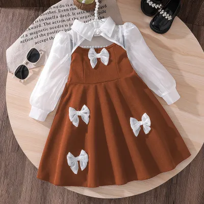 Kids Girl'S Fashion Elegant Spring Bow Mesh Long Sleeve Stitching Dress