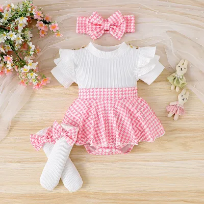 Kids Baby Girl Fashion Summer Houndstooth Printed Flutter Sleeve Rompers Hairband Socks Set