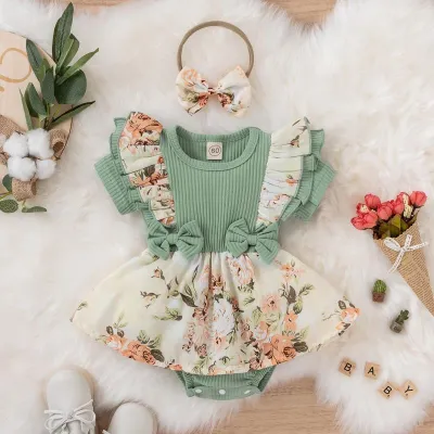 Kids Baby Girls Fashion Summer Printed Pit Strip Short-Sleeve Rompers