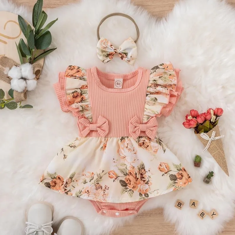 Kids Baby Girls Fashion Summer Printed Pit Strip Short-Sleeve Rompers