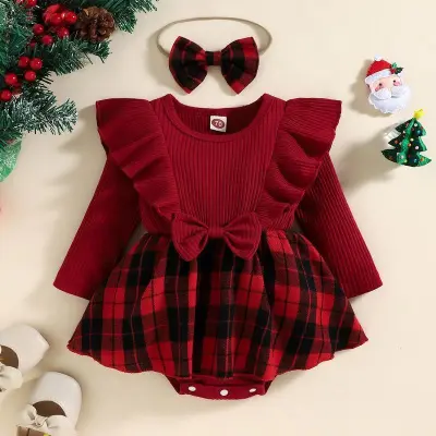 Kids Baby'S Gilrs Fashion Spring And Autumn Plaid Stitching Bow Long Sleeve Rompers