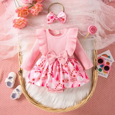 Kids Baby'S Gilrs Fashion Spring And Autumn Plaid Stitching Bow Long Sleeve Rompers