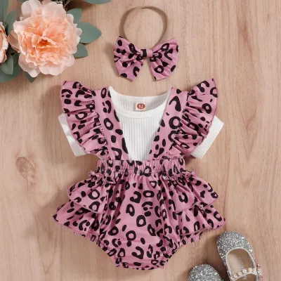 Kids Baby Girls Fashion Summer Leopard Pit Short-Sleeve T-Shirt Rompers Hairband Three-Piece Set