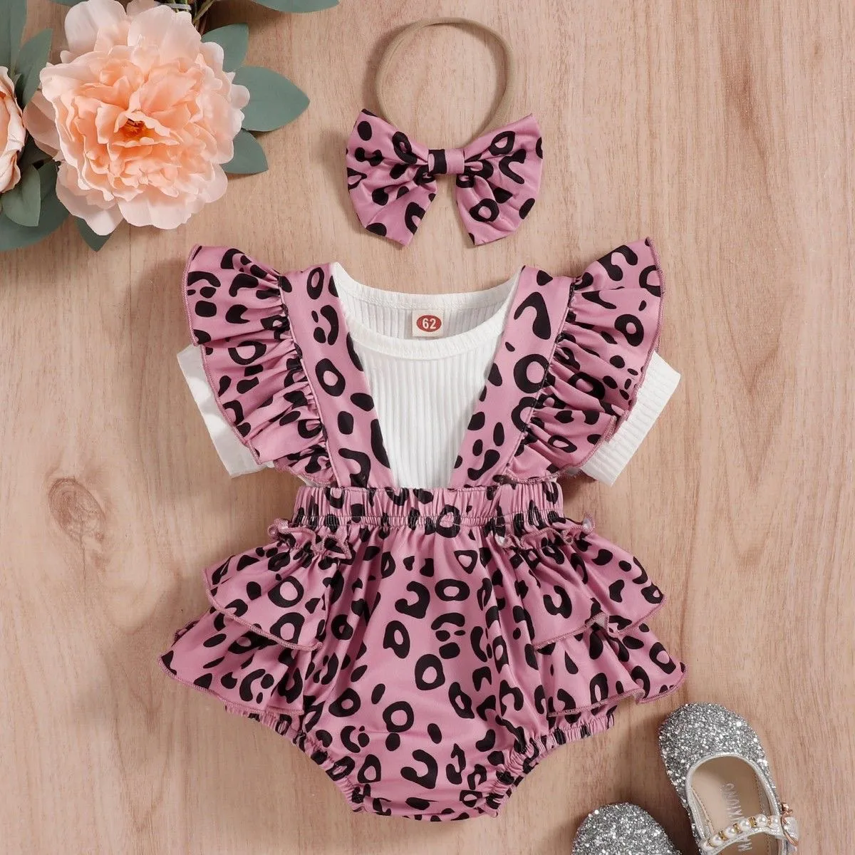 Kids Baby Girls Fashion Summer Leopard Pit Short-Sleeve T-Shirt Rompers Hairband Three-Piece Set