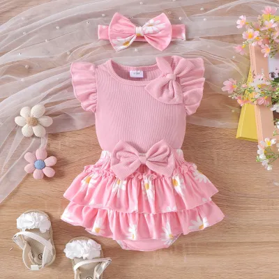 Kids Baby Girl Fashion Cute Printed Bow Short-Sleeve Rompers Ruffled Skirt Two-Piece Set