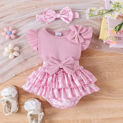 Kids Baby Girl Fashion Cute Printed Bow Short-Sleeve Rompers Ruffled Skirt Two-Piece Set