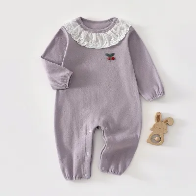 Kids Baby'S Girls Fashion Spring And Autumn Cotton Lace-Edged Jacquard Long-Sleeve Jumpsuits