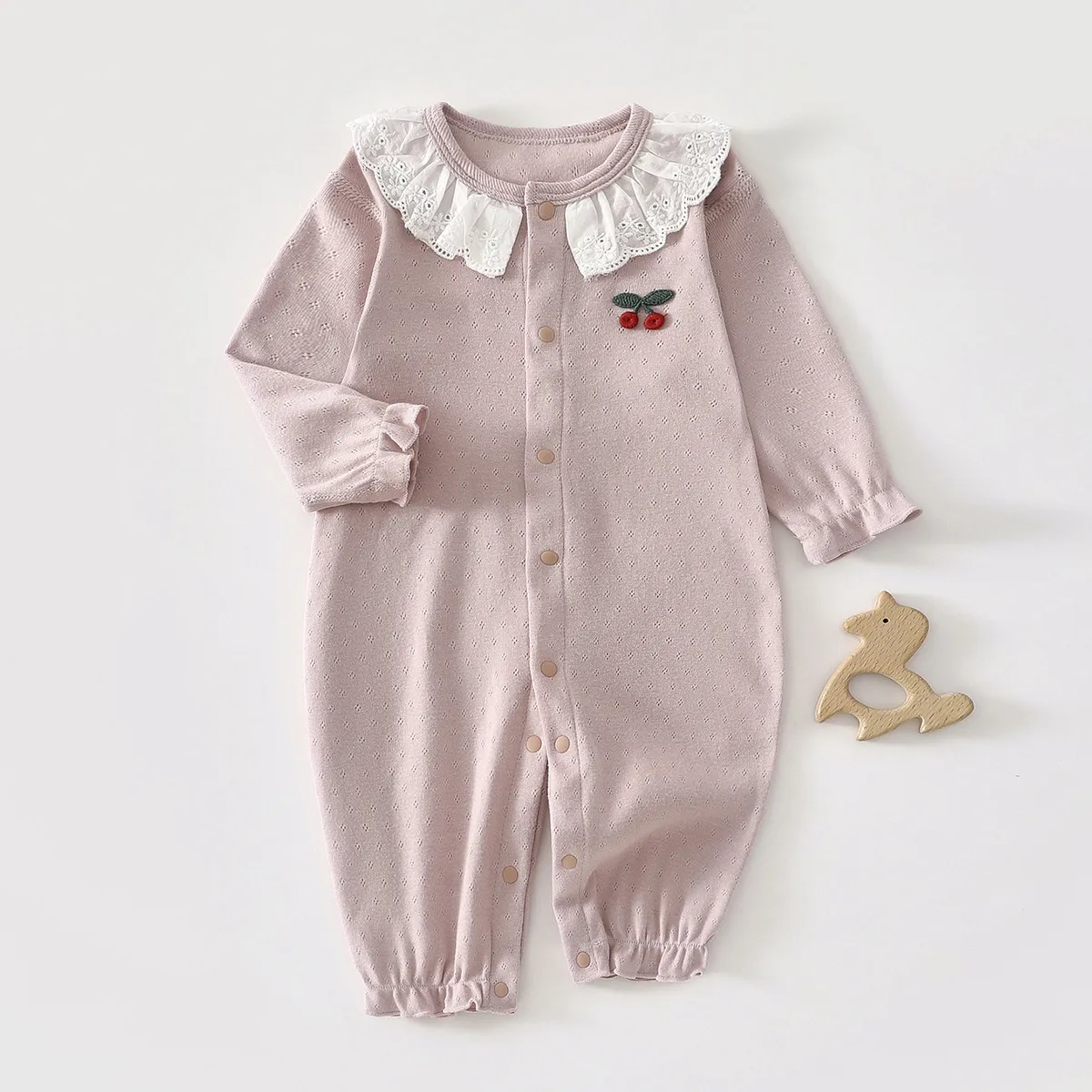 Kids Baby'S Girls Fashion Spring And Autumn Cotton Lace-Edged Jacquard Long-Sleeve Jumpsuits