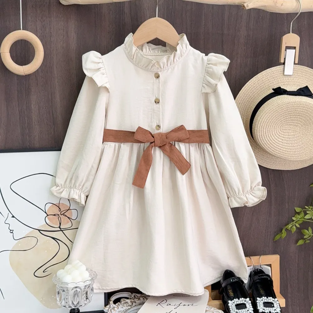 Kids Girls Fashion British Style Spring And Autumn Long-Sleeve Lace-Up Dress