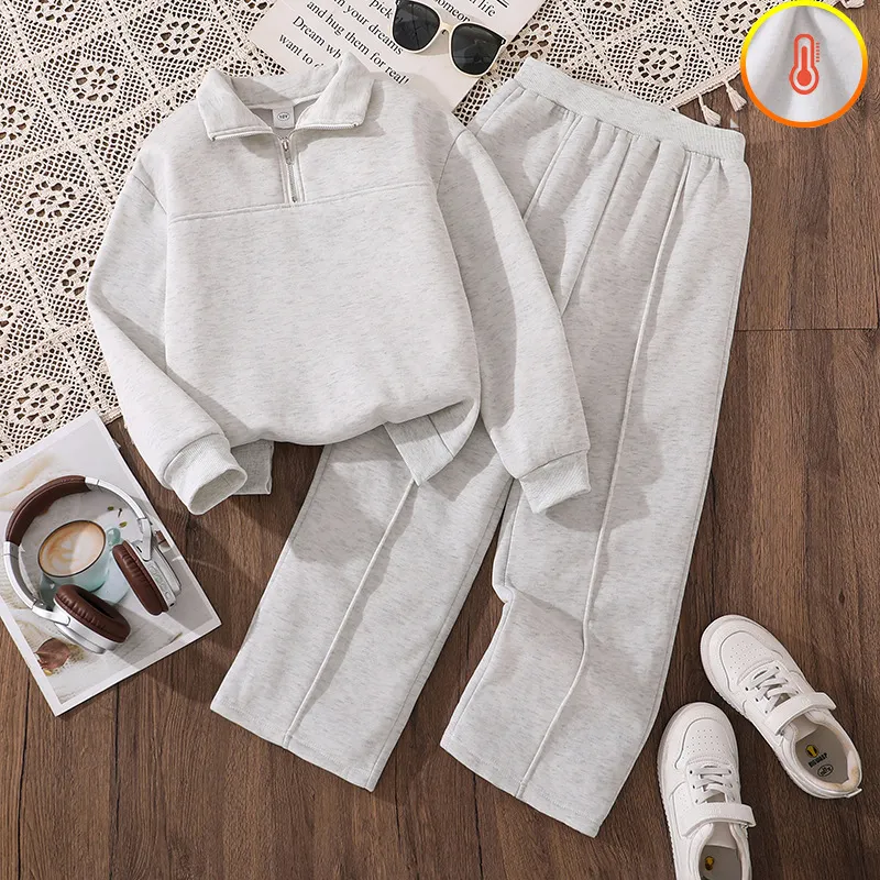 Kids Boys And Girls Fashion Autumn And Winter Fleece-Lined Zipper Vertical Collar Long-Sleeve Sweatshirt Pants Two-Piece Set