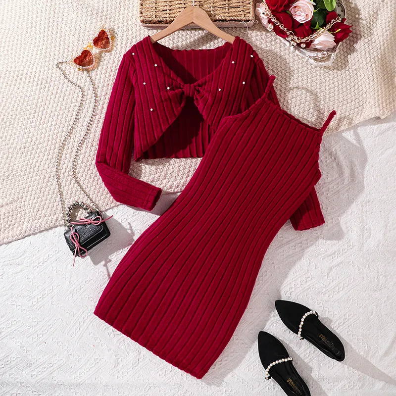 Kids Girls Fashion Autumn And Winter Solid Color Ribbed Long-Sleeve Beaded Coat Spaghetti Strap Dress Two-Piece Set