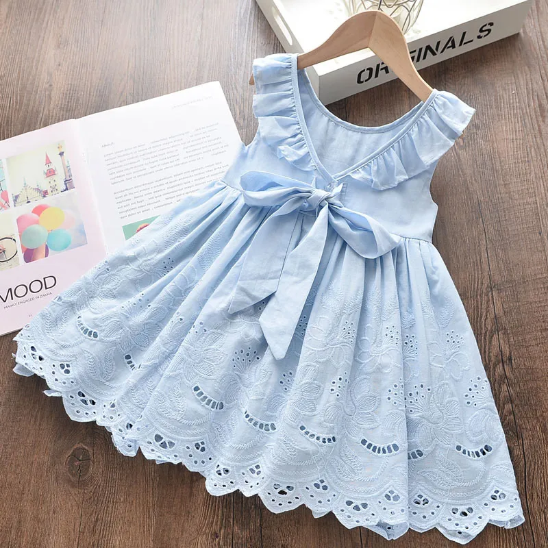 Kids Girls Fashion Summer Solid Color Hollow Embroidered Sleeveless Dress