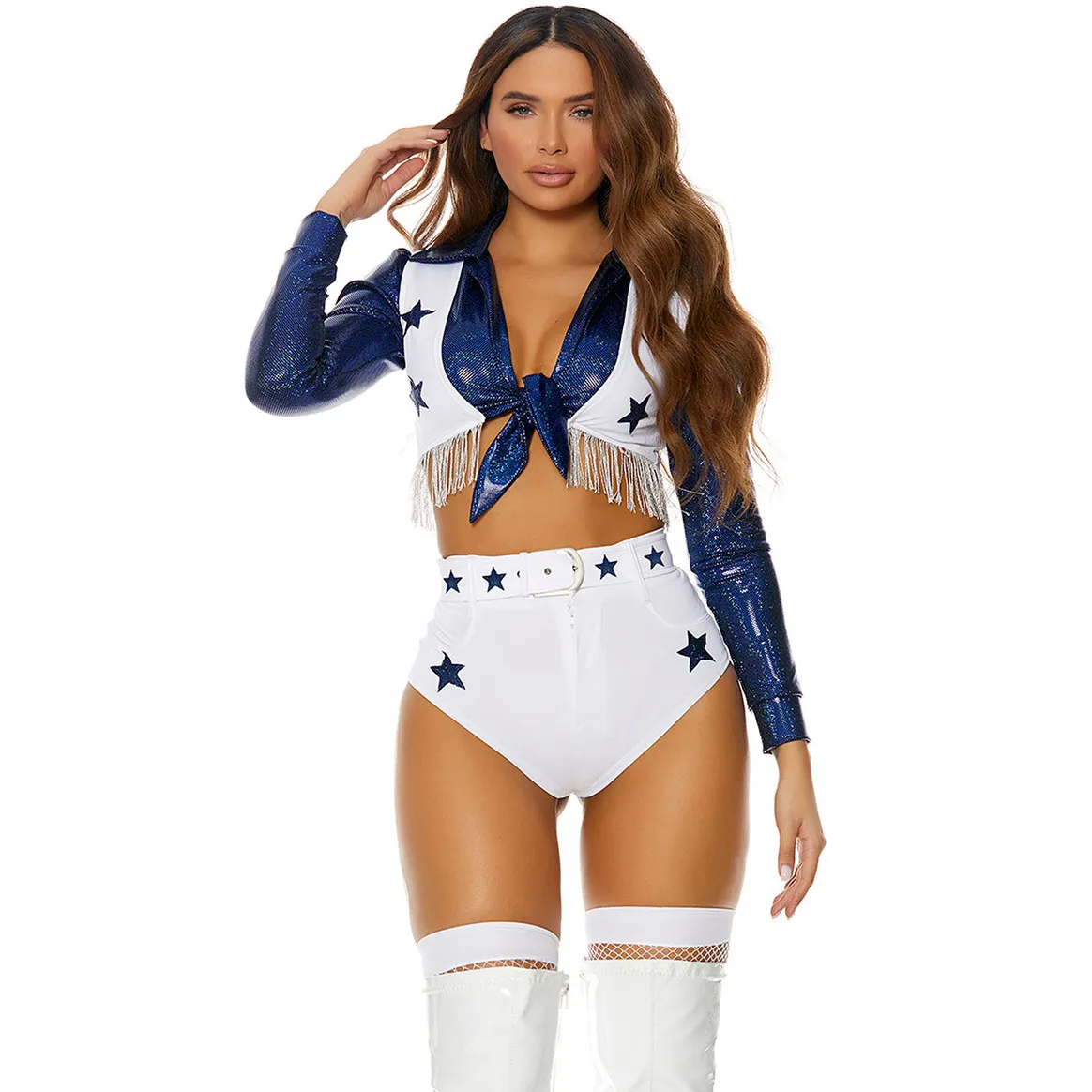 Women Fashion Sexy Star Cheerleading Uniform Cosplay Performance Long-Sleeve Crop Top Shorts Belt Three-Piece Set