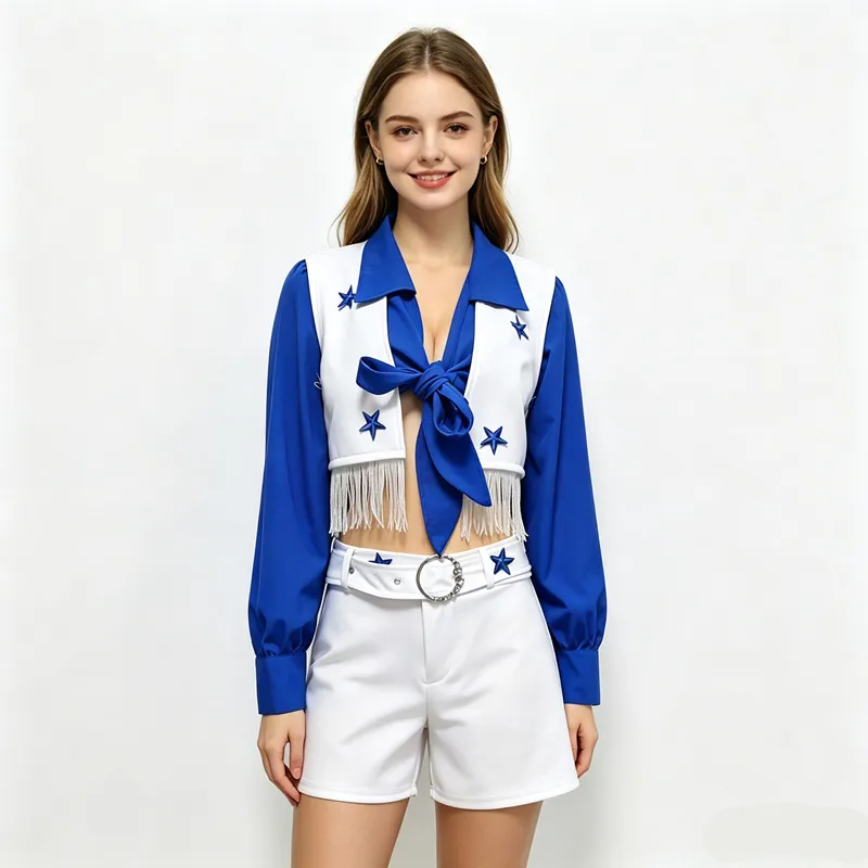 Halloween Women Fashion Cheering Squad Uniform Long-Sleeve Crop Top Shorts Two-Piece Set