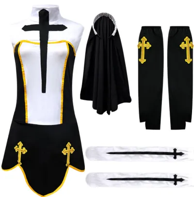 Halloween Women Fashion Black White Stitching Cross Gothic Style Nuns Clothing Cosplay Dress