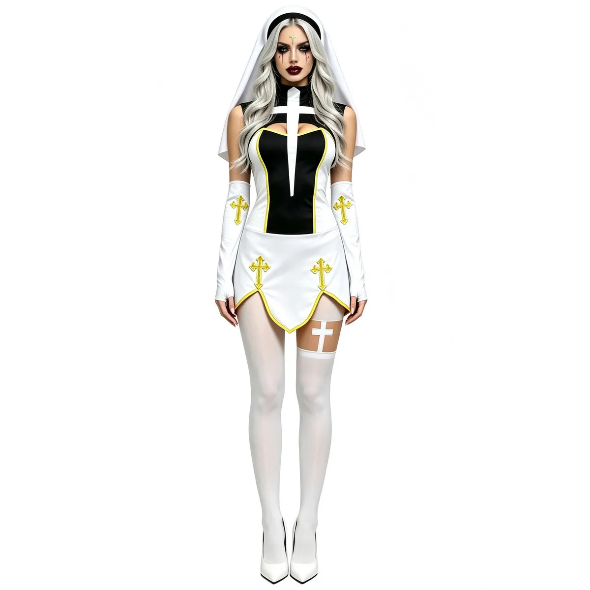 Halloween Women Fashion Black White Stitching Cross Gothic Style Nuns Clothing Cosplay Dress