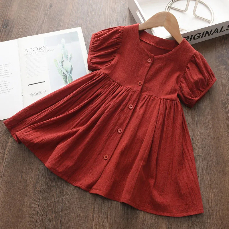 Kids Girls Fashion Casual Summer Solid Color Puff Sleeve Dress