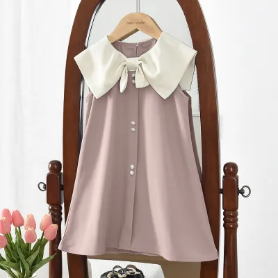 Kids Girls Fashion Elegant Summer Bow Lapel Sleeveless Dress