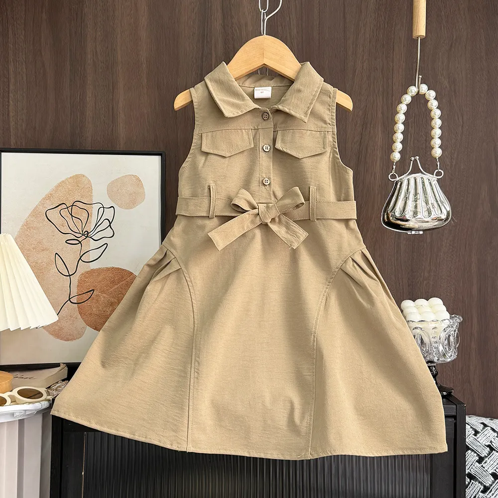 Kids Girls' Fashion Casual Summer Solid Color Lapel Sleeveless Lace-Up Dress
