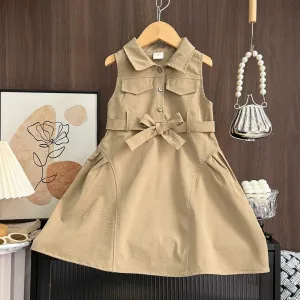 Kids Girls' Fashion Casual Summer Solid Color Lapel Sleeveless Lace-Up Dress