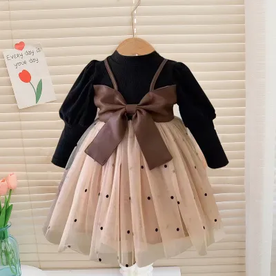 Kids Girl Fashion Elegant Spring And Autumn Bow Mesh Stitching Long-Sleeve Dress