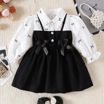 Kids Baby Girls Fashion Spring And Autumn Fake Two-Piece Stitching Bow Long-Sleeve Dress