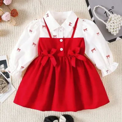 Kids Baby Girls Fashion Spring And Autumn Fake Two-Piece Stitching Bow Long-Sleeve Dress