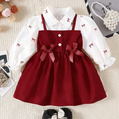 Kids Baby Girls Fashion Spring And Autumn Fake Two-Piece Stitching Bow Long-Sleeve Dress